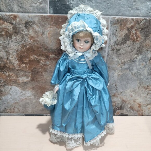 VTG Porcelain Doll Green Eyes Blue Satin Dress White Lace Trim Matching Bonnet - Picture 14 of 14